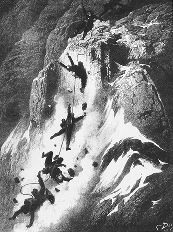 Disaster strikes just after the first ascent of the Matterhorn (drawn by Gustave Doré)