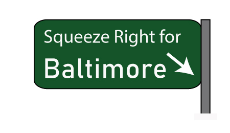 Road sign Squeeze Right for Baltimore